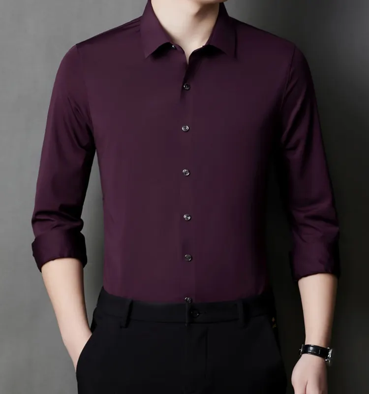 OEM\ODM Camisas Dress Shirt Long Sleeve Spread Collar Solid Color Business Dressy Slim Fit Men's Button Up Polyester Shirt