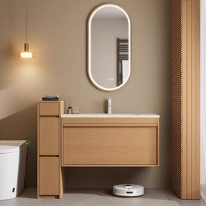 High-quality Small Size 60cm Plywood <strong>Bathroom</strong> <strong>Cabinet</strong> with Led Mirror and Side <strong>Cabinet</strong> Ceramic Basin Vanity - Product Image 1