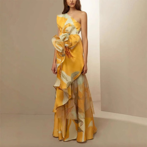 Robe de soirée longue asymétrique en mousseline imprimée, style européen, épaules dénudées, taille empire pour femme - Product Image 5