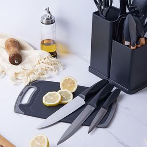 Ensemble de 19 couteaux de cuisine en acier inoxydable faits à la main, manches en bois, ambidextres, bord droit, seau de rangement en PP, couleur personnalisée - Product Image 2