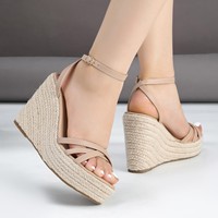 Sandales compensées à plateforme pour femmes, nouveau modèle, avec logo personnalisé, vente en gros, bout rond, à bride cheville, style espadrilles