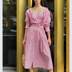 Traje a Rayas Personalizado de Alta Calidad con Botones Detallados, Conjunto de Tres Piezas de Algodón para Mujer, Falda Midi, Conjunto de 3 Piezas para Mujer - Product Image 1