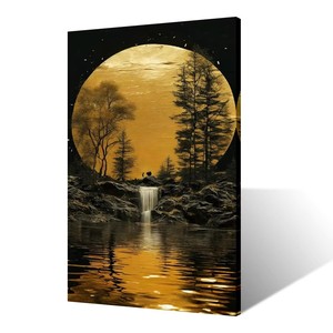 Impresión en lienzo de arte para decoración del hogar, iluminada por la luz de la luna, luna llena que brilla sobre una superficie rocosa con una pequeña cascada - Product Image 3