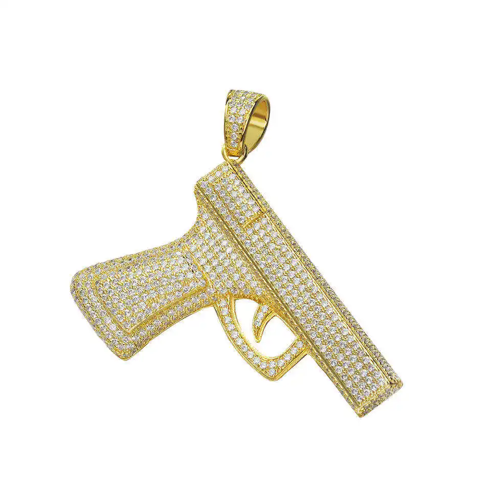 Fashion Hip Hop Mini Pistol 925 Sterling Silver Gold Plated Iced Out Zircon Charm Gun Pendant