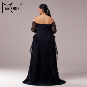 Abiti da sera neri sexy da donna con spalle scoperte, <span class=keywords><strong>motivi</strong></span> a contrasto in <span class=keywords><strong>pizzo</strong></span>, bordo arricciato e spacco sulla coscia, perfetti per feste - Product Image 6