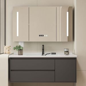 Meuble de salle de bain noir simplifié avec miroir en verre alvéolé, vasque blanche et corps de meuble suspendu - Product Image 5