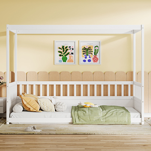 <span class=keywords><strong>Letto</strong></span> a <span class=keywords><strong>baldacchino</strong></span> bianco a due piazze con sponde, <span class=keywords><strong>letto</strong></span> a terra Montessori in legno per cameretta bambini e bambine - Product Image 3
