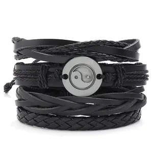 wholesale fashion jewelry custom hand-woven knit wrist band leather bracelet stainless steel unique clasp bracelet for men