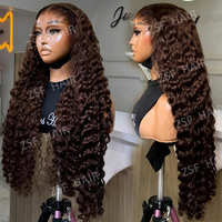 Perruques de cheveux humains bouclés longs de 32-34 pouces, couleur brun chocolat, ondulations profondes, densité 200%-250%, perruques frontales en dentelle HD transparente 13x4
