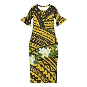 Wholesale Cheap Casual Women Dress Hawaiian Polynesian Tribal Plumeria Yellow Print O-Neck Short Sleeve Casual Bodycon Sexy Long