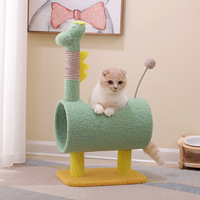 Arbre à chat d'intérieur multifonctionnel en forme de dinosaure de dessin animé, avec tunnel intégré, lit, griffoir en laine et jouet à balle suspendue