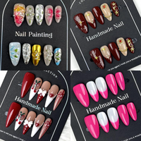 Fournitures pour salons de manucure : Faux ongles en gel souple à couverture complète, forme cercueil longue, motif floral 3D coloré, faits main, prix de gros