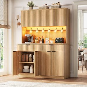Armoire <span class=keywords><strong>de</strong></span> rangement <span class=keywords><strong>de</strong></span> cuisine moderne en bois avec éclairage LED, portes vitrées, étagères réglables, support pour micro-ondes, grande capacité - Salle à manger/<span class=keywords><strong>Salon</strong></span> - Product Image 3