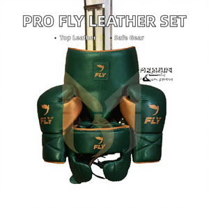 Nouvel ensemble professionnel de gants de boxe en cuir, protège-tête et protège-glande, respirant, durable, vert et or, fabriqué au Pakistan - Product Image 2