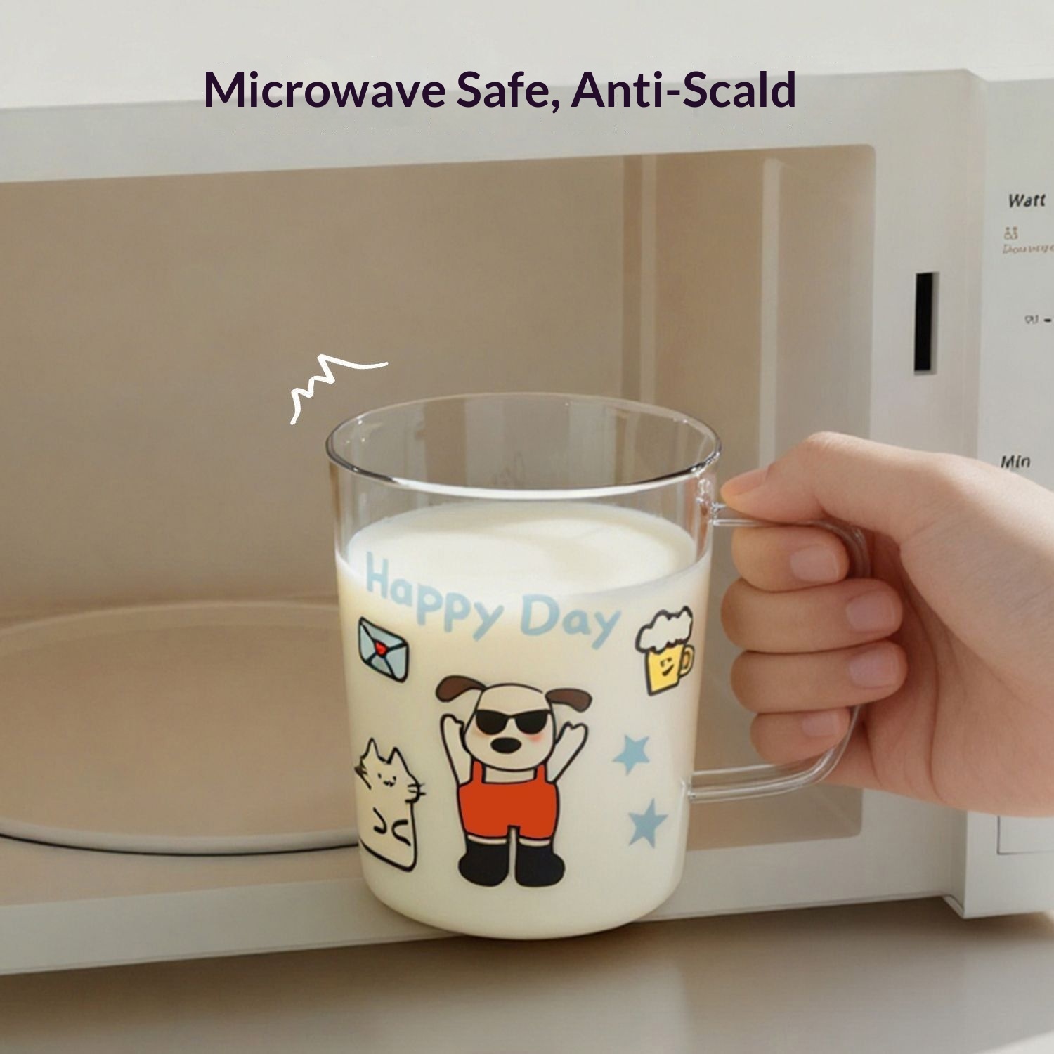 Cartoon Design High Borosilicate Glass Coffee Milk Cup Explosion-proof Portable Heatable Handle Microwave Safe Dishwasher Safe view 2
