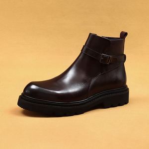 Bottes d'hiver de style britannique haut de gamme, confortables, en cuir véritable, type Chukka, pour hommes d'affaires, noires, à bout Chelsea, à enfiler - Product Image 6