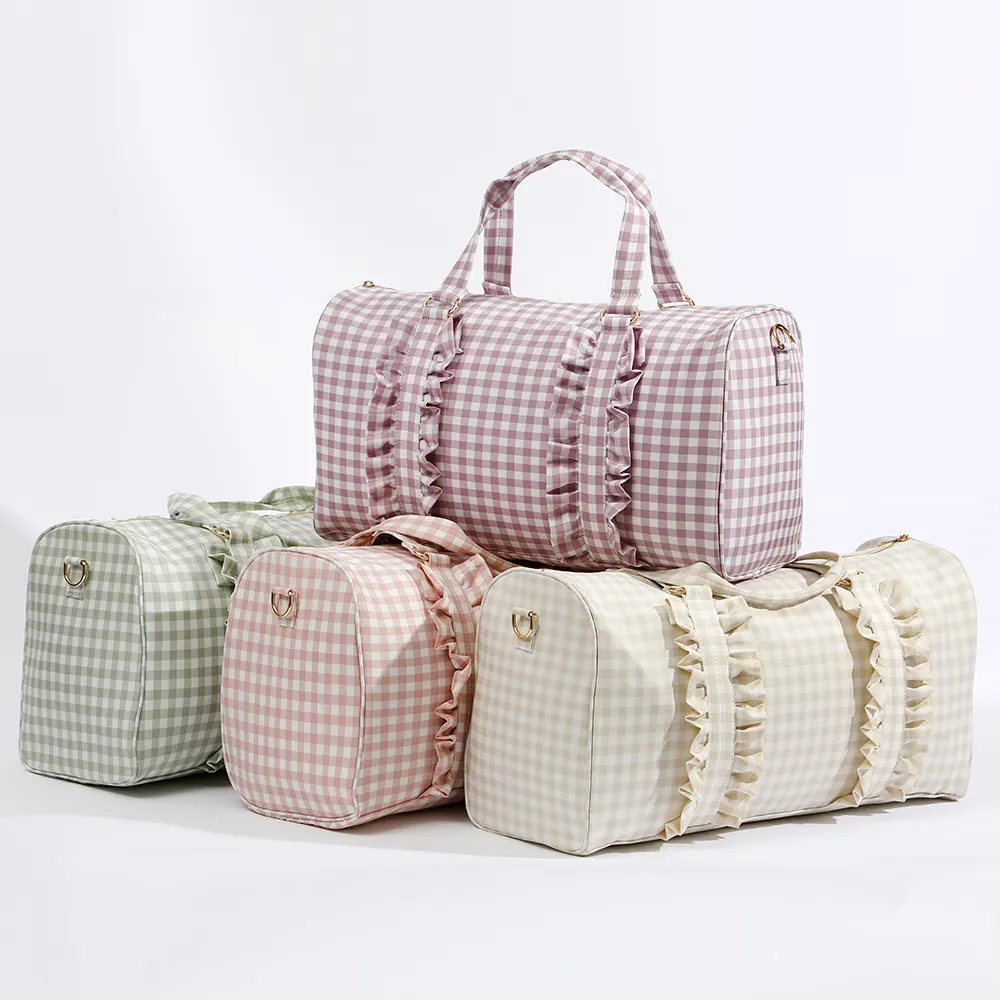 Dames Heren Grote Gingham Duffle Waterdichte Nylon Weekender 'S Nachts Tas Dragen Op Gym Plunjezak Geruite Ruche Reistassen