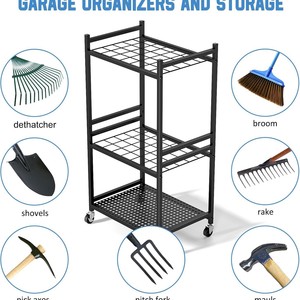 Portable Iron Garden Tool Storage Rack With Wheels Stainless Steel Organizer For Outdoor Cleaning Tools - Product Image 3