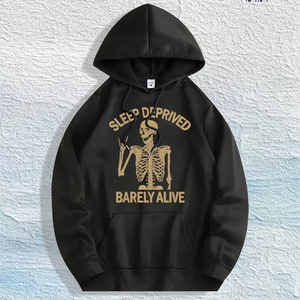 Magazzino Locale USA: Felpa con Cappuccio 100% Cotone con Grafica Scheletro 'Sleep Deprived', 7 Colori - Product Image 1