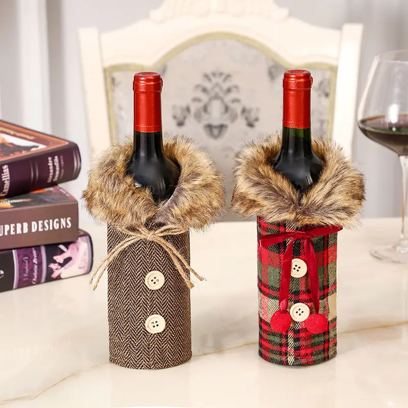 Xmas Christmas Decorations Supplies Merry Christmas Wine Bottle Cover Bag Red Plaid Collar Coat Wine Bottle Topper Sweater Cover