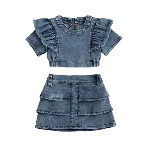2022 primary and secondary girls summer new short sleeve solid color children's set denim children's skirt two-piece