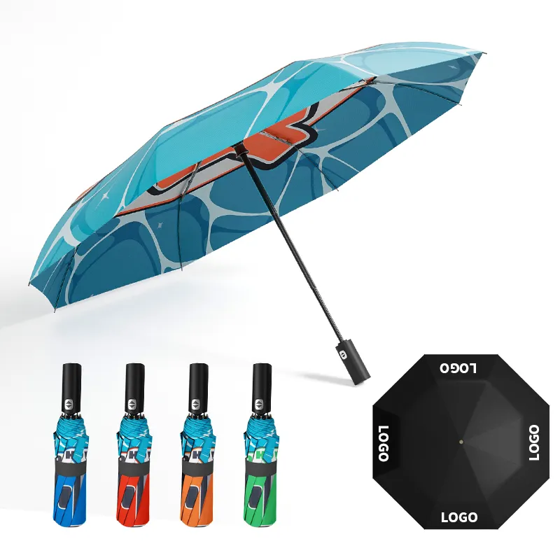 مظلة للشمس مطر مطر شخصية ثلاثية مطوية مقاومة للرياح أوتوماتيكية بالكامل مطبوعة مخصصة فقط للصيف للشاطئ