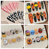 Medium Halloween Coffin Almond Press-On ABS Nail Art Pintado a mano Diseño de Halloween Stick-On Nails para dedos para Nail Art Salon