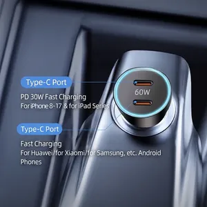 ที่ชาร์จในรถยนต์ USB C 60W ชาร์จเร็วแบบคู่ PD ป้องกันการสั่นไหว ใช้งานได้กับ iPhone 17 16 15 Pro Max, iPad และ Samsung - Product Image 3
