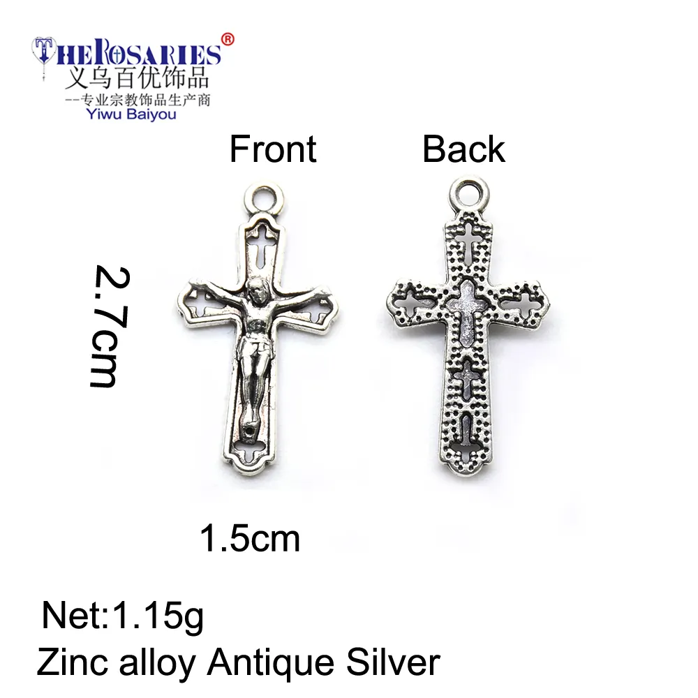 50pcs/Lot Antique Silver Cross Metal Jesus Rosary Bracelet Accessory Customs Pendant Charms