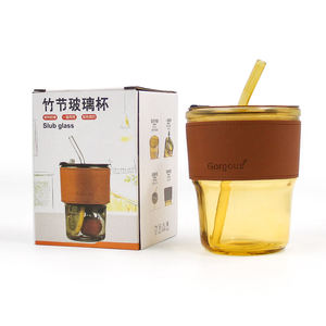 Vaso de Vidrio Ecológico de 400 ml Estilo Americano para Café y <span class=keywords><strong>Leche</strong></span> <span class=keywords><strong>con</strong></span> Funda de Cuero, Aislamiento Térmico y Pajitas de Vidrio - Product Image 3