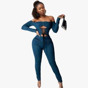 Combinaison en jean moulante décontractée à épaules dénudées et découpes, extensible, pour femme - Nouvelle collection - Product Image 3