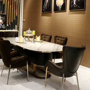 Ensemble de table à manger en marbre de design italien de luxe, 8 places, avec pieds en métal - Product Image 1
