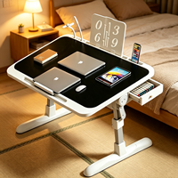 Table de lit pliable réglable en hauteur pour ordinateur portable, plateau inclinable avec tiroir, support de livre, ventilateur USB et lampe pour la lecture et le travail