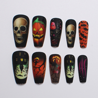 24 Stück Halloween Aufklebenägel Orange Lila Schwarz Geister Kürbis Fledermaus Design Acryl Künstliche Nägel Wiederverwendbare Nägel für Frauen Party