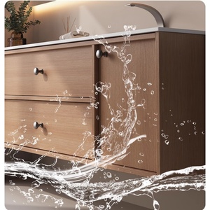 Mueble de baño inteligente de color madera natural con lavabo integrado de losa de roca curvada en caliente, personalizado. - Product Image 5