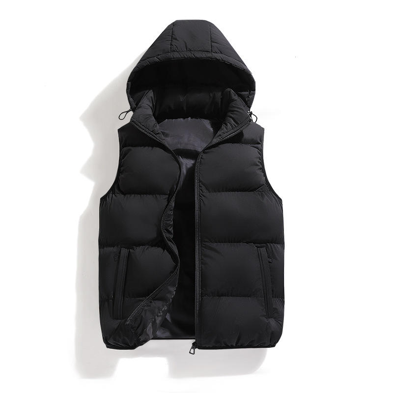 Autumn Winter Cross-Border Men's Cotton-Padded Jacket Vest New Hooded Plus  Size Waistcoat Solid Color for Foreign Trade