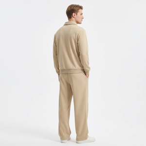 Men's Beige 2-Piece Lightweight Sweatshirt Set Solid Color Fleece Track Suit Casual Autumn Wear 100% Cotton French OEM Service - Product Image 6
