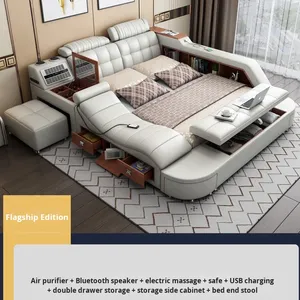 מיטת חכמה רב תכליתית עם ריפוד בד, רמקול מולטימדיה חשמלי מודרני, מטען USB ועיסוי, ריהוט לחדר שינה. - Product Image 6