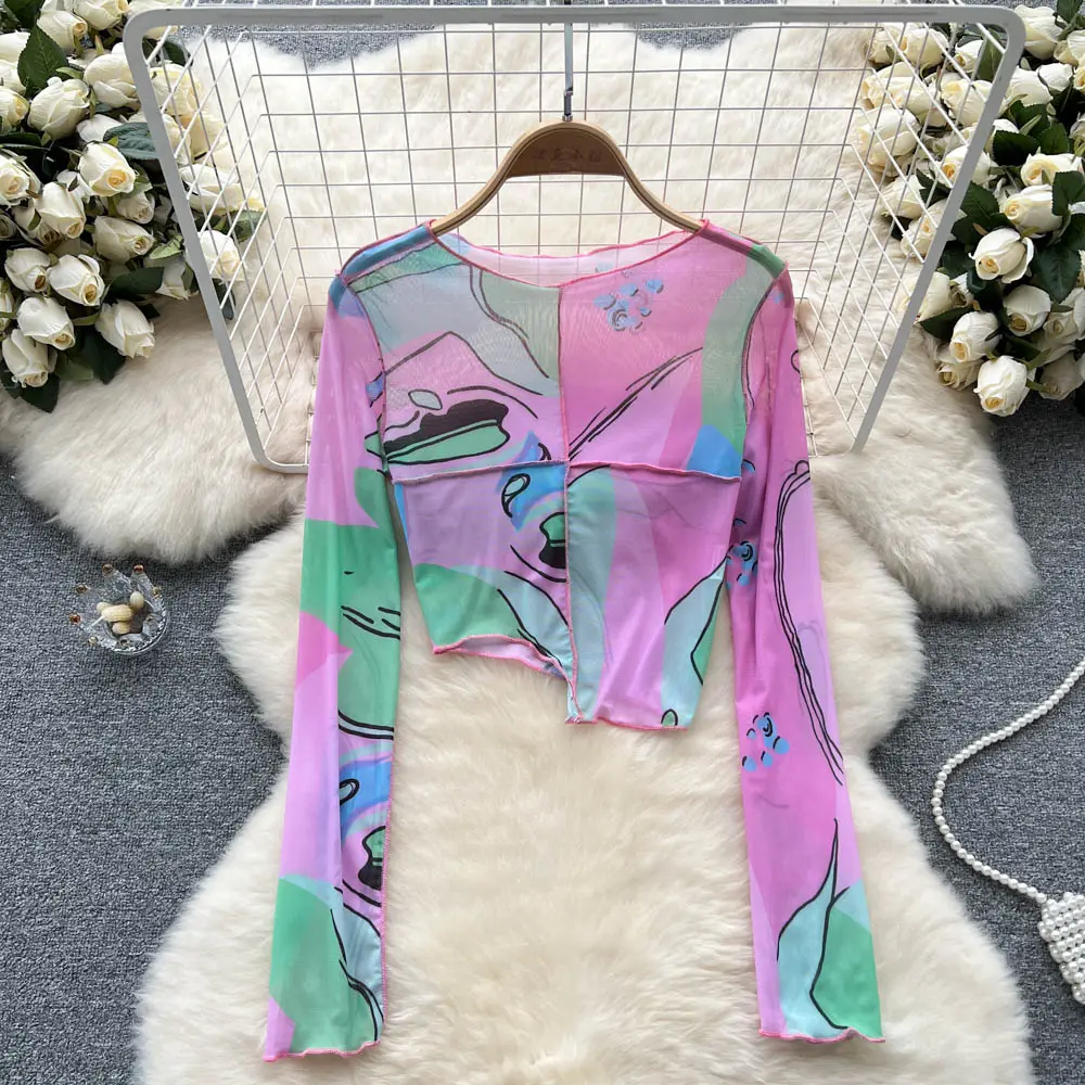 Print Stitching Color Block Cold Long-sleeved Irregular Hem Mesh Clothing Women's Tops