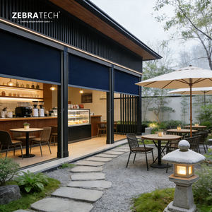 Stores verticaux électriques encastrés d'extérieur avec système de rail motorisé à fermeture éclair, guide-câble à énergie solaire pour ombrage automatique des fenêtres - Product Image 1