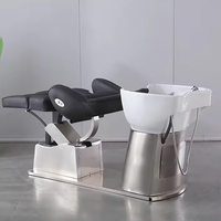 Chaise de shampooing moderne en fibre de salon de coiffure avec base en acier inoxydable, ascenseur électrique, bol et chaise de shampoing rotatifs, meubles de salon de coiffure
