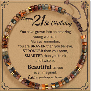 Tissé à la main 4MM pierre naturelle diamant bracelet à breloques à la mode réglable bracelet en bois avec carte bénédiction cadeau d'anniversaire - Product Image 2