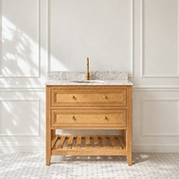Meuble-lavabo de salle de bain en chêne avec comptoir en marbre, armoire de salle de bain autoportante en bois massif avec 2 tiroirs et étagère de rangement ouverte