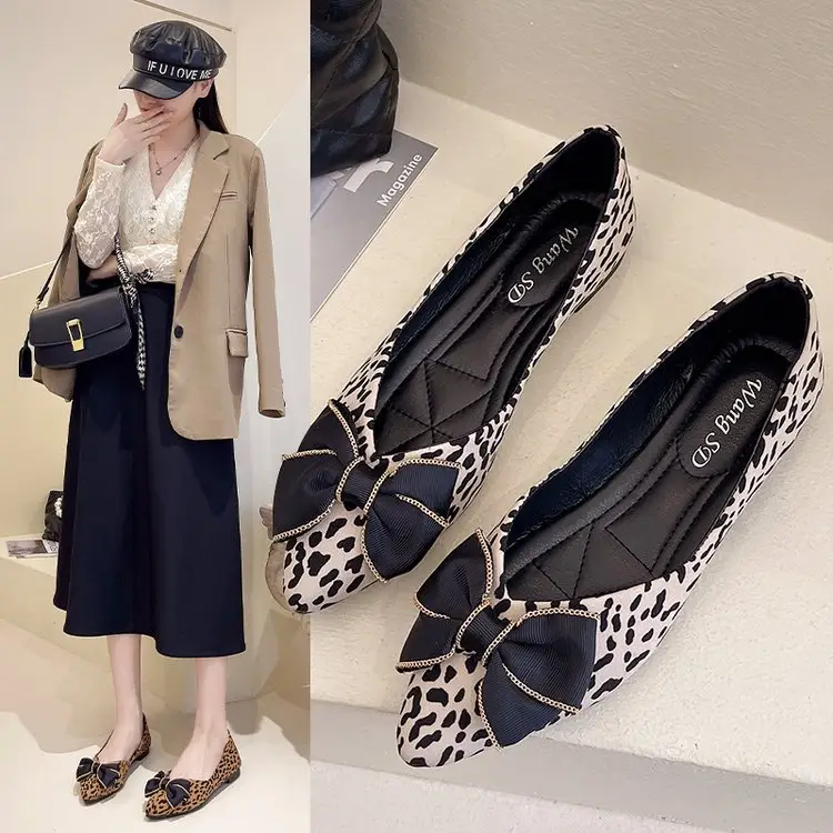 Nouveau design, chaussures plates décontractées pour femmes à imprimé léopard avec nœud papillon, dernières chaussures pour dames