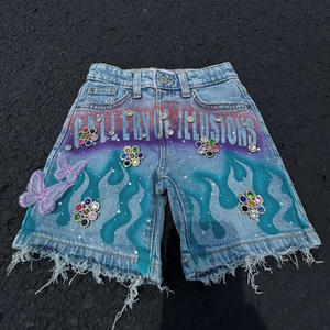 Shorts <span class=keywords><strong>Vaqueros</strong></span> Personalizados al por Mayor YUCHEN, Estilo Vintage, Cintura Media, Desgastados, Decolorados, Lavado Ácido, con Pedrería, Shorts de Mezclilla para <span class=keywords><strong>Hombre</strong></span> - Product Image 1