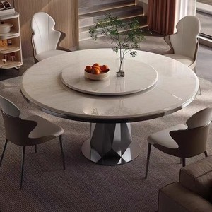 Modern Minimalist Round Stone Slab <b>Dining</b> <b>Table</b> With Turntable Rotatable Feature For <b>Dining</b> Room - Product Image 2