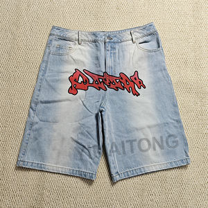 Custom Flared Rodilla Jeans Shorts Y2k Streetwear Bordado Impreso Vintage Doble Cintura Baggy Vintage Denim Jorts Hombres - Product Image 1