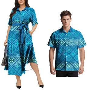 Robes longues décontractées pour femmes tribales polynésiennes samoanes, chemises hawaïennes à col rabattu pour hommes, motif Tapa, polyester, pour couple - Product Image 1