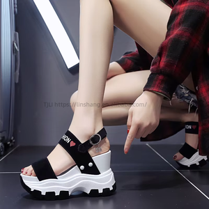 Stock Fashion Casual Sneakers Black Wedge High Heels Sandals Platform Shoes for Women and Ladies - Product Image 2