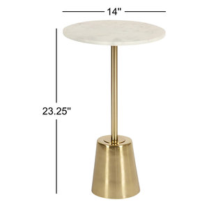 Modern White Marble Top End <b>Table</b> with Brushed <b>Gold</b> Metal Base | Luxury Round Accent <b>Side</b> <b>Table</b> - Product Image 3